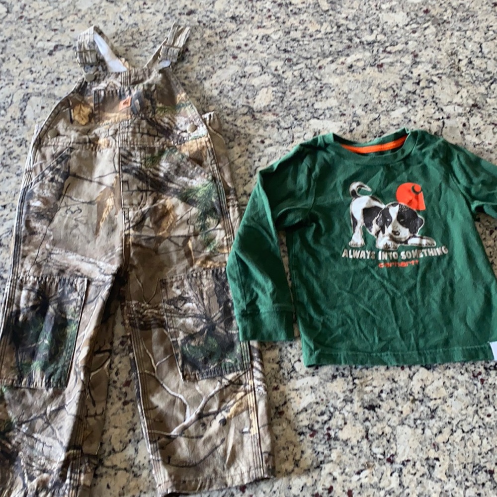 Carhartt camouflage overalls with matching shirt. Boys 2T. Overalls NWOT
